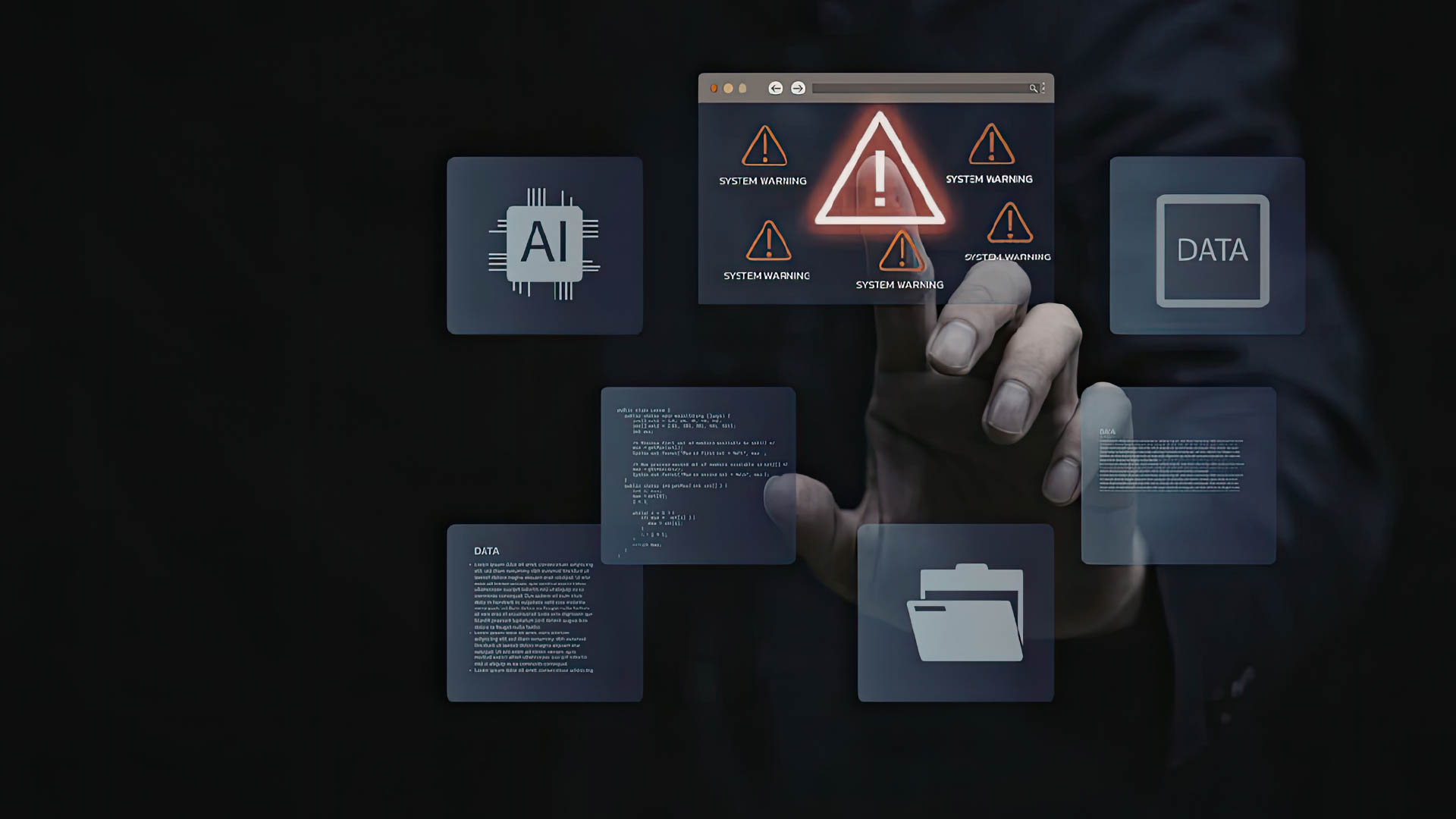 Digital interface showing warning alerts and AI/data icons, representing system risks.
