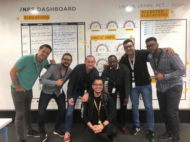 Group of employees smiling in front of an NPS dashboard during a team performance review.