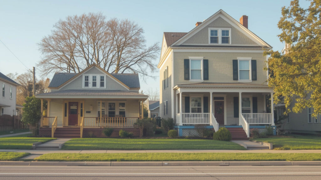 Two houses side by side, one smaller and one larger, representing size comparison.