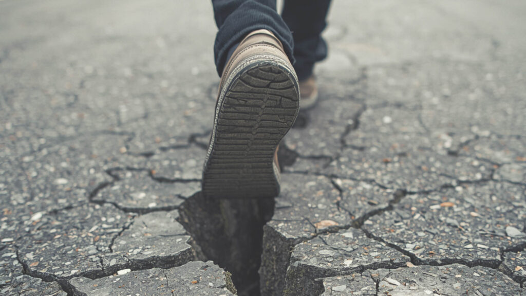 Person walking above cracked road