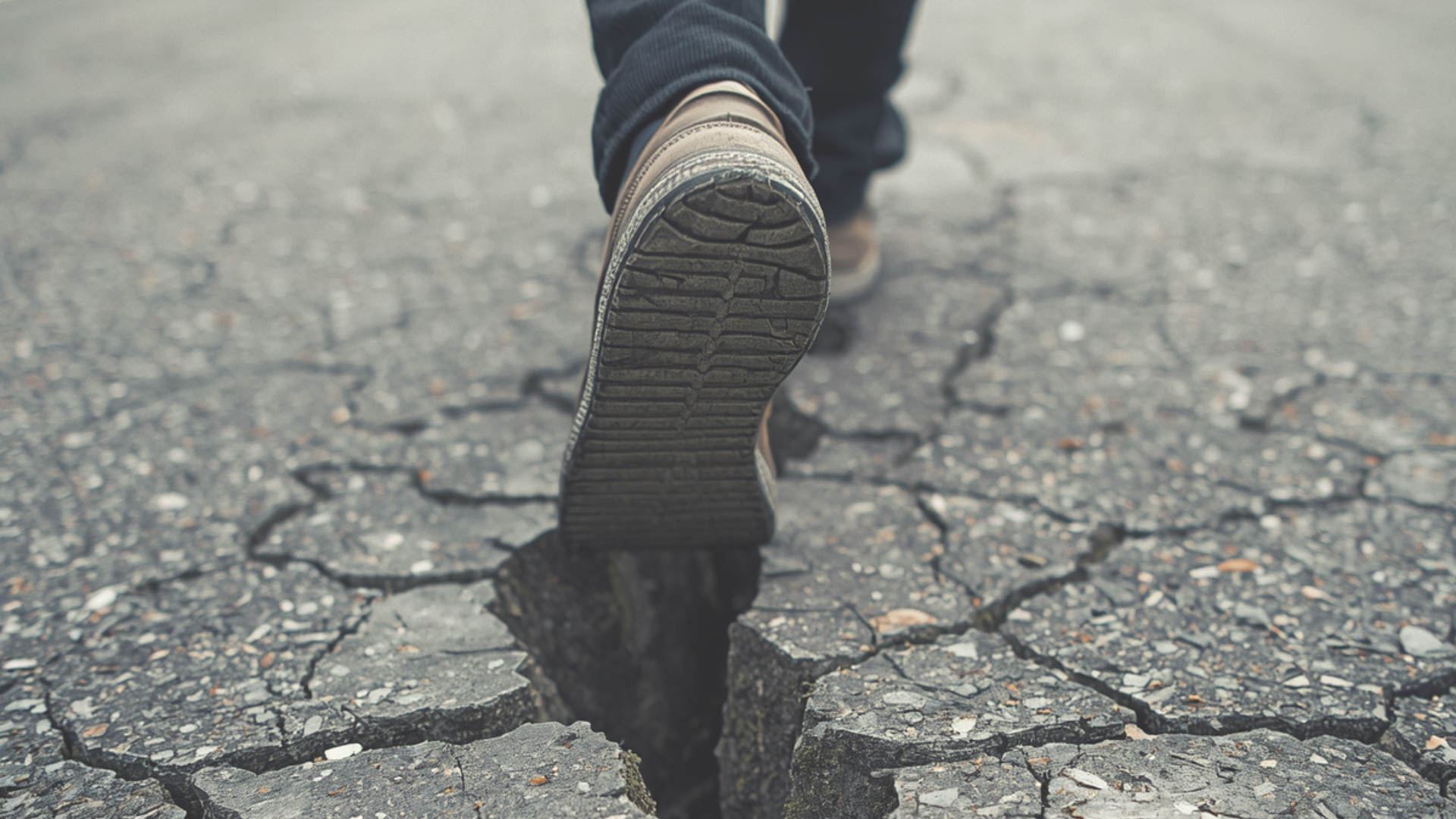 Person walking above cracked road